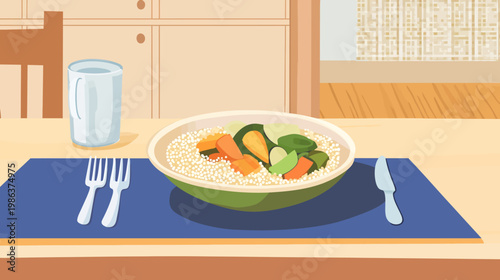 A brightly colored illustration featuring a plate of food, cutlery, and a drink, on a table