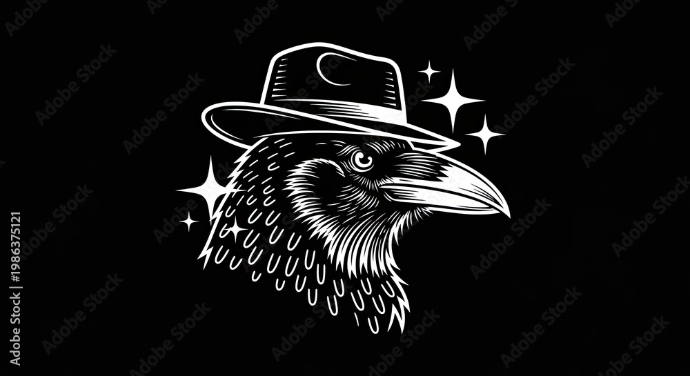 Naklejka premium Raven illustration in hat with starry effect graphic design on black background