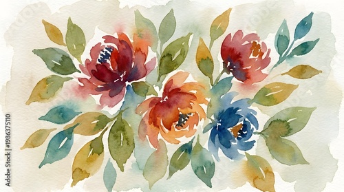Vibrant Watercolor Painting of Leaves and Flowers in Soft Colors