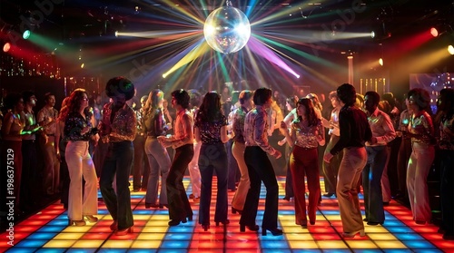Vibrant Disco Dance Floor Scene with Colorful Lights and Energy