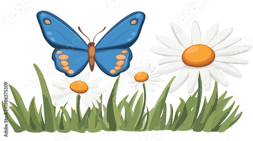 A stylized illustration features a blue butterfly hovering over daisies and tall green grass, all on white