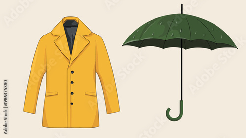 A cartoon illustration of a bright yellow raincoat and a green umbrella, representing rainy weather