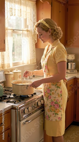 A traditional wife, dressed in a yellow dress and floral apron, is diligently stirring a pot on a vintage stove in a sunny, retro kitchen, embodying domesticity. Generative AI.