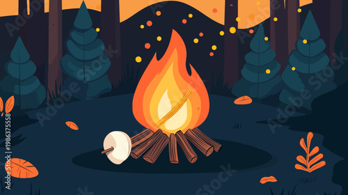 A stylized illustration of a campfire in a forest at night, with trees and leaves, and a marshmallow