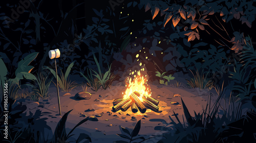 A campfire glows amidst dense foliage at night, marshmallows on sticks nearby. Digital illustration