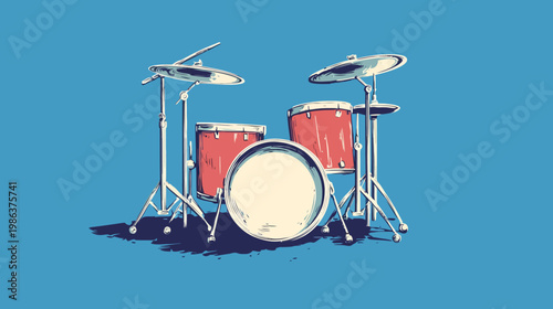 A cartoon-style illustration of a drum kit with red drums and cymbals on a blue background