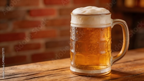 Cold beer in a mug on wooden table