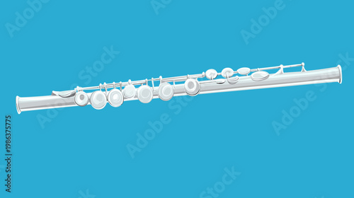 A vector illustration of a silver concert flute against a solid blue background