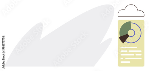 Data analysis, cloud computing, business intelligence, information management, performance tracking, technology solutions. Pie chart and data panel under a cloud graphic. Data analysis and cloud