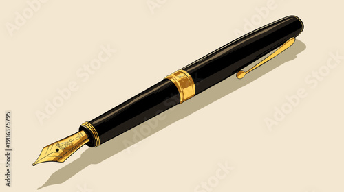 Digitally created illustration of a black and gold fountain pen with detailed nib and clip