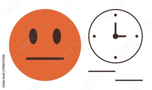 Time management, emotional control, scheduling, productivity, efficiency, focus. Minimalistic design of an orange neutral face emotion beside a simple clock. s emotional control and time management