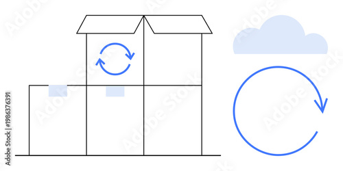Cloud storage, logistics management, supply chain, update process, data synchronization, warehousing. Open box with arrows showing synchronization icon and a cloud graphic. Cloud storage