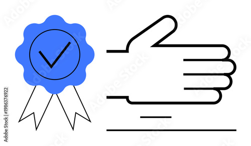 Certification, endorsement, approval, quality assurance, trust, accreditation. Blue badge with checkmark next to an outlined hand. Certification and endorsement concept