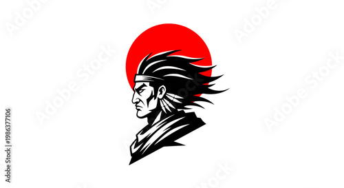 A stylized illustration of a Native American man's head in profile against a red sun.
