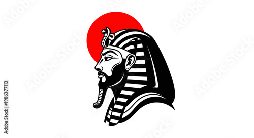 Ancient pharaoh wearing a striped headdress stands against a red sun