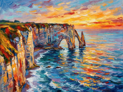 Etretat cliffs Normandy sunset coastal landscape painting illustration