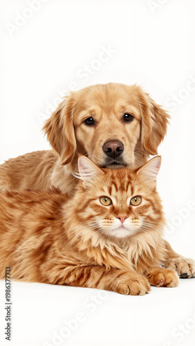 A large dog and a medium cat rest close to each other on a white surface. The dog looks alert while the cat seems relaxed. They appear friendly and comfortable in the setting Generative AI