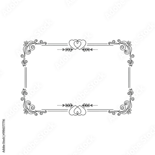 Elegant decorative frame with intertwined hearts and floral ornaments for wedding invitations, minimalist black line art border