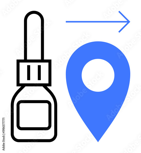 Medicine delivery, healthcare logistics, online pharmacy, e-commerce services, medical assistance, and tracking. Dropper bottle next to a location pin. Medicine delivery and healthcare logistics