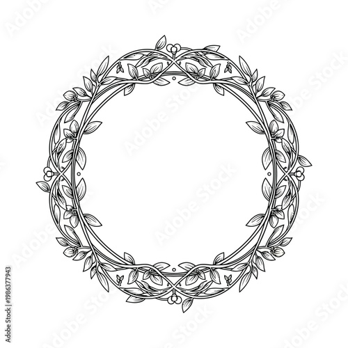 Floral wreath frame hand drawn circular border with leaves and vines in black and white line art style