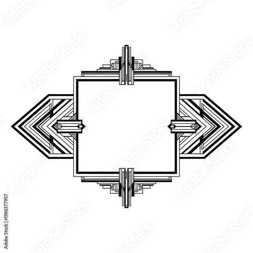 Art Deco geometric frame with symmetrical decorative borders for vintage invitations and graphic design, black and white line art