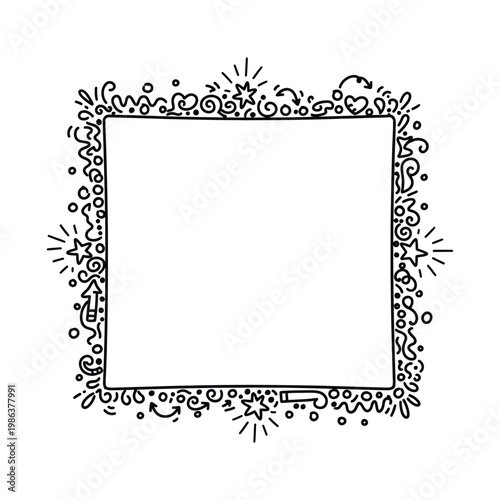 Hand-drawn doodle frame with decorative stars and arrows for copy space, black and white line art illustration