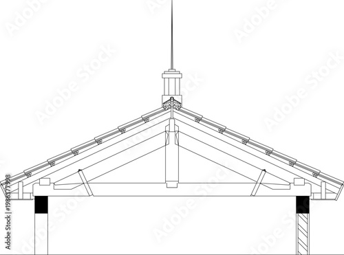 Technical architectural drawing of a gable roof truss structure with king post, rafters, tie beam, braces, roof tiles, and decorative finial in cross-section.