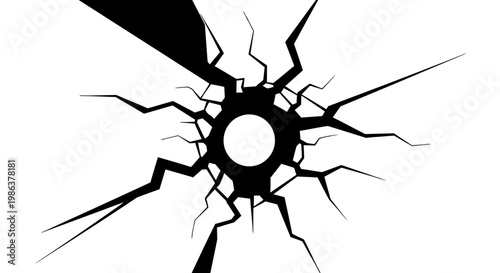 Bullet hole with cracks in glass.