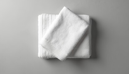White cotton towels neatly folded, clean, soft textile ready for use. Provides ample empty space for text or graphics. Perfect for mockups showcasing bath or kitchen designs, fabrics, home goods.