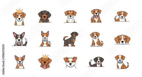 Collection of cute dog faces and expressions.