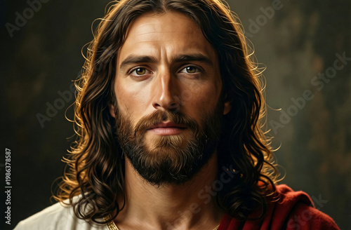 Jesus is shown with long hair and a beard. He wears a robe and has a serious look. The background is simple and focuses on his face and expression Generative AI