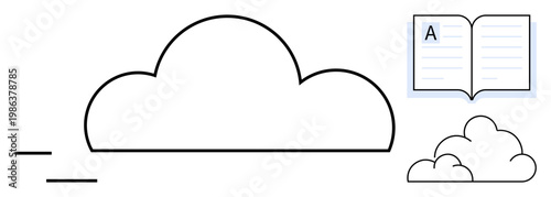 Digital learning, cloud services, online knowledge, education tools, internet access, abstract symbols. Minimalist design showing a cloud, smaller cloud and an open book icon. Digital learning