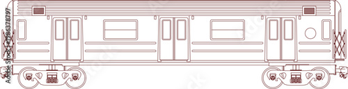 Technical line drawing of a railway passenger car side elevation showing doors, windows, wheels, bogies, and coupling mechanisms in blueprint style.