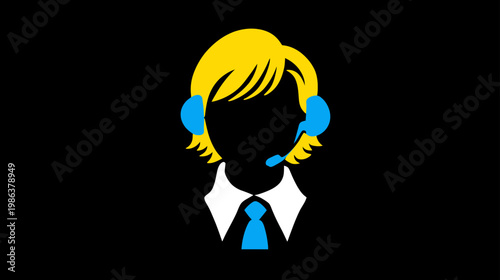Stylized Customer Support Icon with Headset and Tie. Professional Call Center Agent Avatar for Communication and Service.