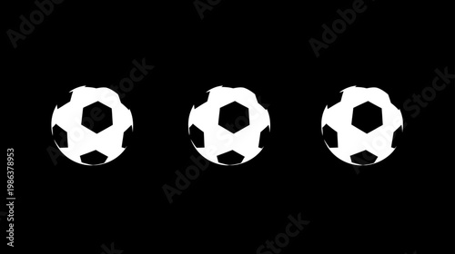 Three classic black and white soccer balls lined up on a plain dark background, representing sport, game, and competition.