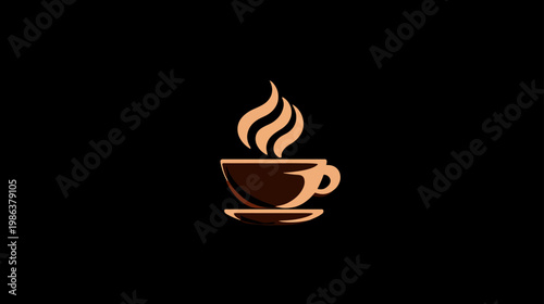 Stylized hot coffee cup with steam illustration on a dark black background. Warm beverage graphic design element.