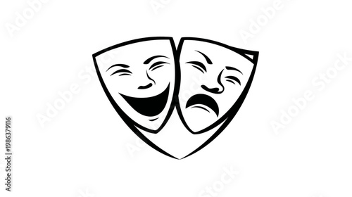 Classic theater masks symbol, happy and sad masks representing comedy and tragedy, drama icon, black and white vector illustration
