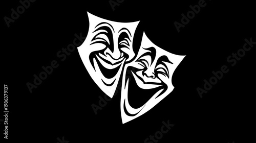 Happy comedy theater masks symbol vector illustration. Joyful drama masks, entertainment, performing arts, laugh and smile concept on black background.