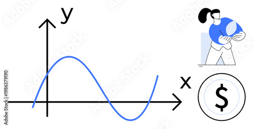 Financial growth, sustainability, investment, economics, profit analysis, business strategy. Graph with X and Y axes, person holding plant and dollar symbol. Financial growth and sustainability