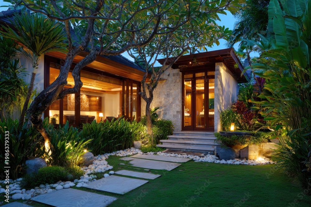 Fototapeta premium Luxurious tropical home exterior at dusk, illuminated, pathway to front door