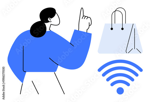 Online shopping, e-commerce, digital transactions, wireless connectivity, retail technology, consumer behavior. A woman pointing, a shopping bag and a wireless symbol. Online shopping and e-commerce