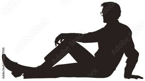 Full length black silhouette of a man with glasses sitting on the ground, resting, relaxing, or contemplating, isolated on white.