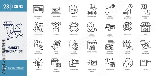 Market penetration icon set. Icons related to sales, expansion, customer, competition, strategy, pricing, product. Outline icon set. Vector illustration with editable stroke