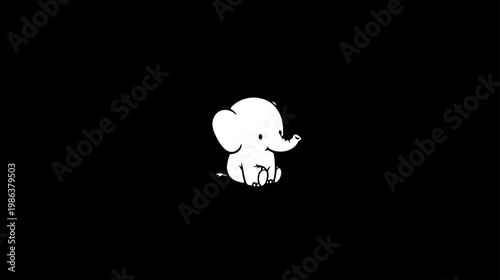 Sweet white cartoon baby elephant sitting on a minimalist black background, adorable animal character illustration for kids.