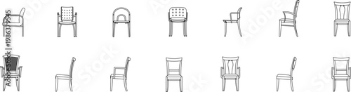 Technical line drawings of twelve different chair designs including armchairs, side chairs, and dining chairs with various back styles and leg configurations.