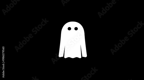 Cute white ghost icon on black background, spooky Halloween spirit graphic element, simple vector illustration