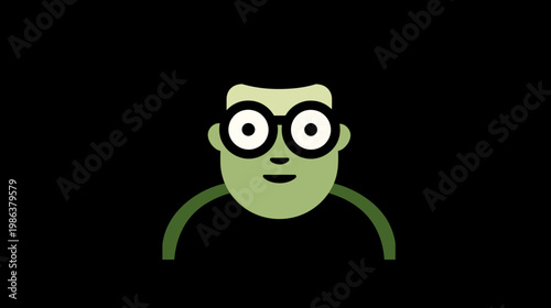 Animated smiling cartoon character with glasses. Happy green person avatar in modern flat design vector illustration, cheerful icon.