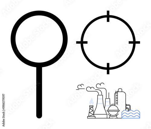 Environmental awareness, industrial pollution, sustainability, air quality, ecological impact, climate change. Magnifying glass and target over industrial facility. Environmental awareness