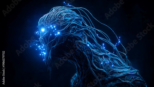 Dark intricate organic root-like entity illuminated by bright blue digital nodes and ethereal tendrils, concept for artificial intelligence, digital technology and scientific innovation