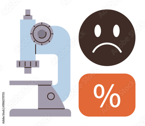 Science, research challenges, healthcare, education, clinical trials, data analysis. Microscope, sad face percentage icon highlighting difficulties in research. Science and research challenges